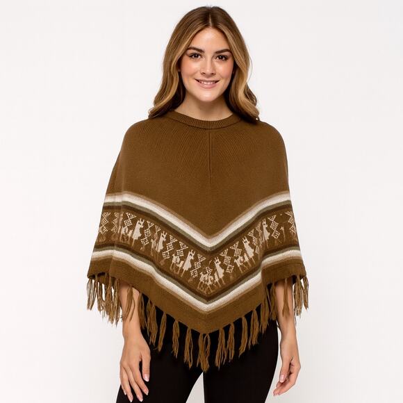 Alpaca Connection Poncho Fringe Trim Brown Peru Alpaca Knit - One Size - Picture 1 of 9